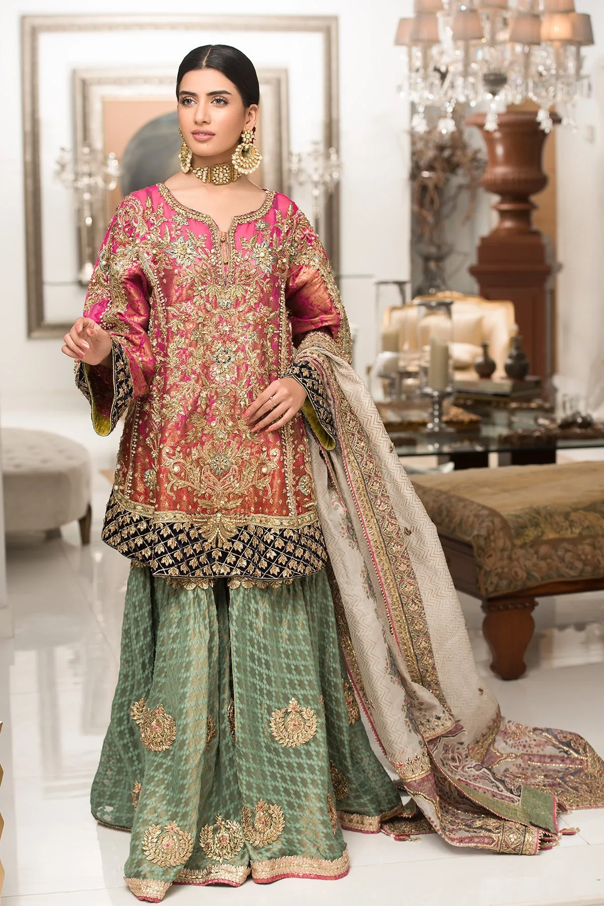 Jamawar Green Sharara Frock Pakistani Wedding Dresses