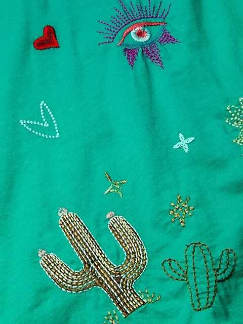 Johnny Was Monroe Tropical Tee Short Embroidery Shirt Teal Green Top Small NEW