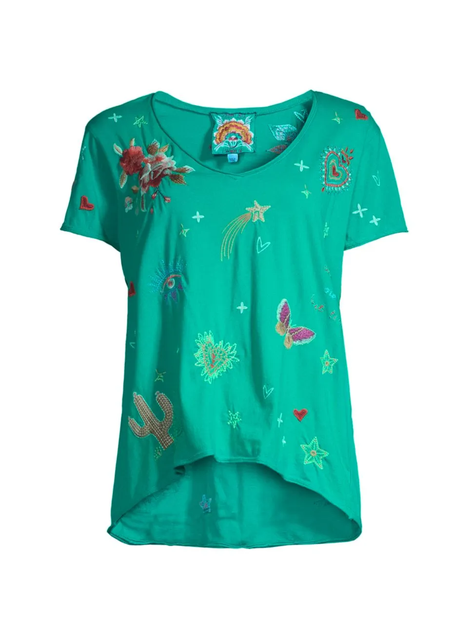 Johnny Was Monroe Tropical Tee Short Embroidery Shirt Teal Green Top Small NEW
