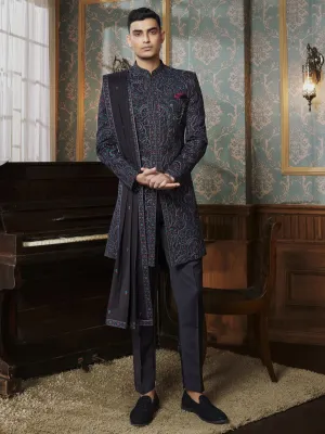 Kashmiri Style Sherwani Dupatta Set in Black