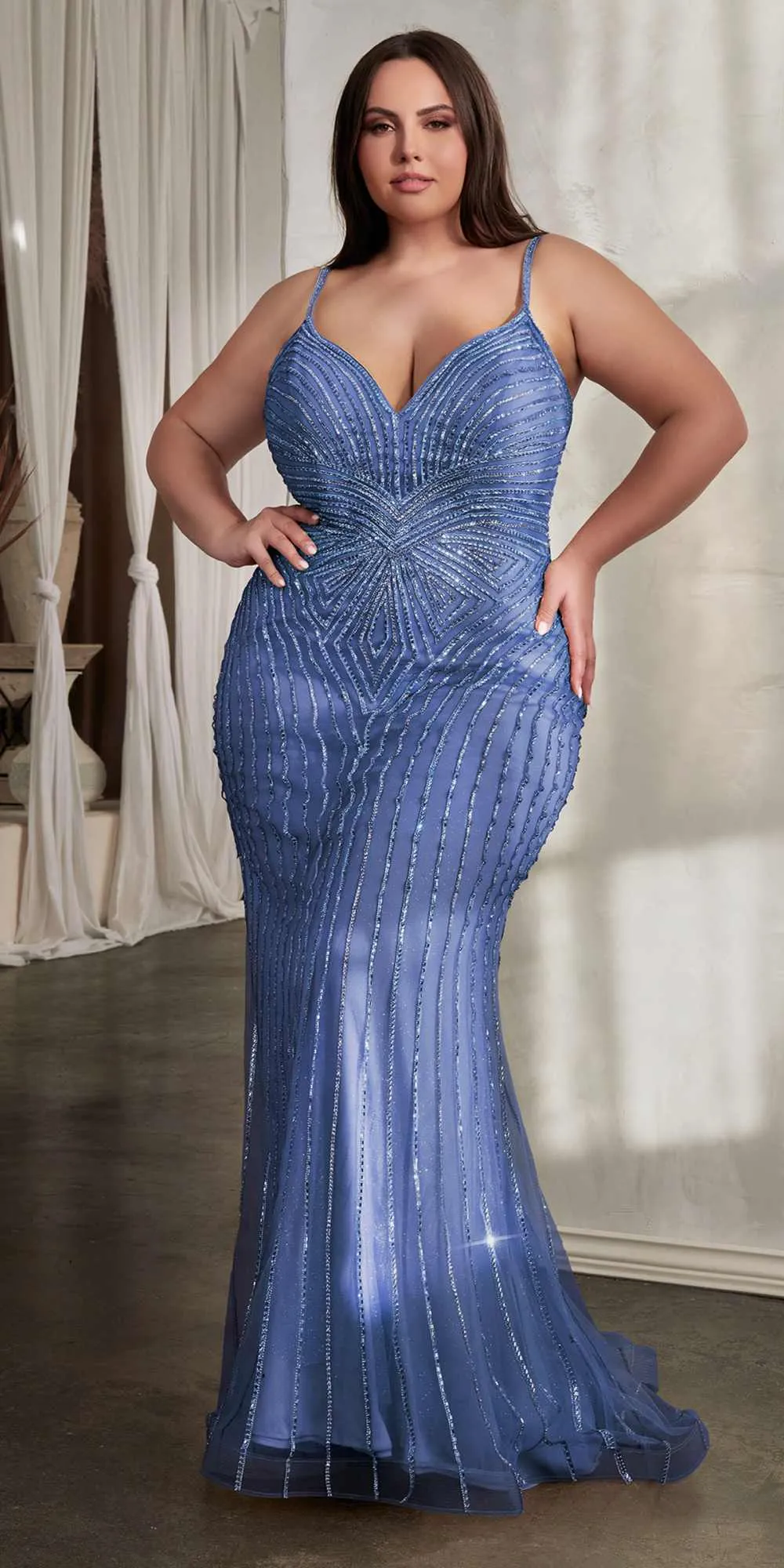 Ladivine CD845 Long Layered Tulle Embellished Rhinestone Gown