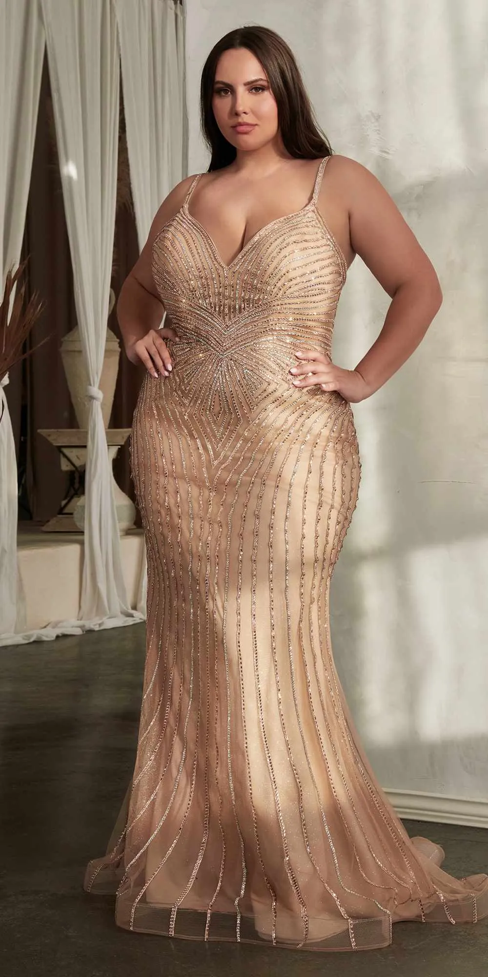 Ladivine CD845 Long Layered Tulle Embellished Rhinestone Gown