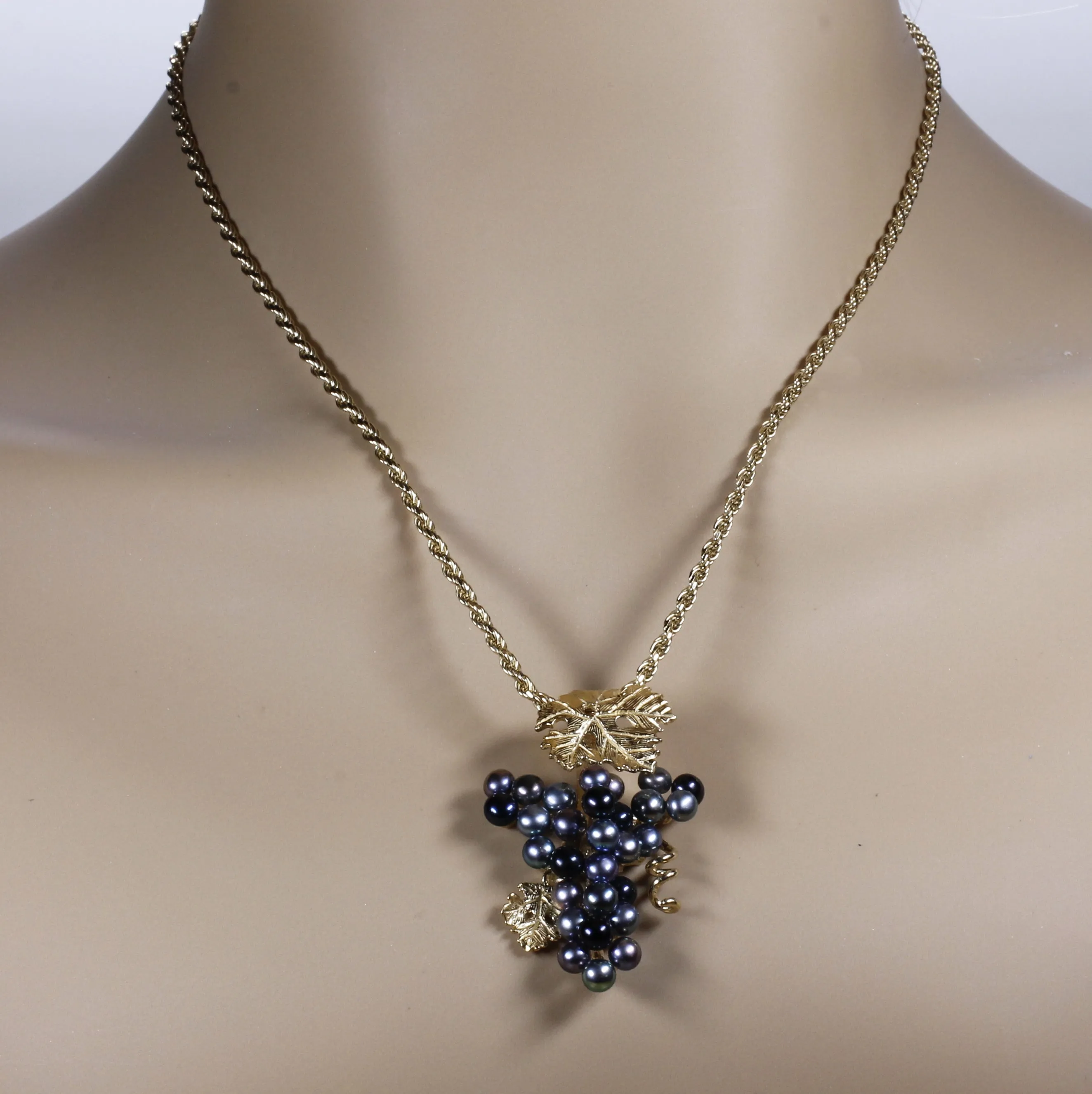 Large Size Black Pearl Grape Cluster Necklace made in 14kt gold vermeil