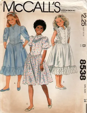 McCall's 8538 Teen Girls Puff Sleeved Drop Waisted Dress 1980s Vintage Sewing Pattern Size 14 UNCUT Factory Folded