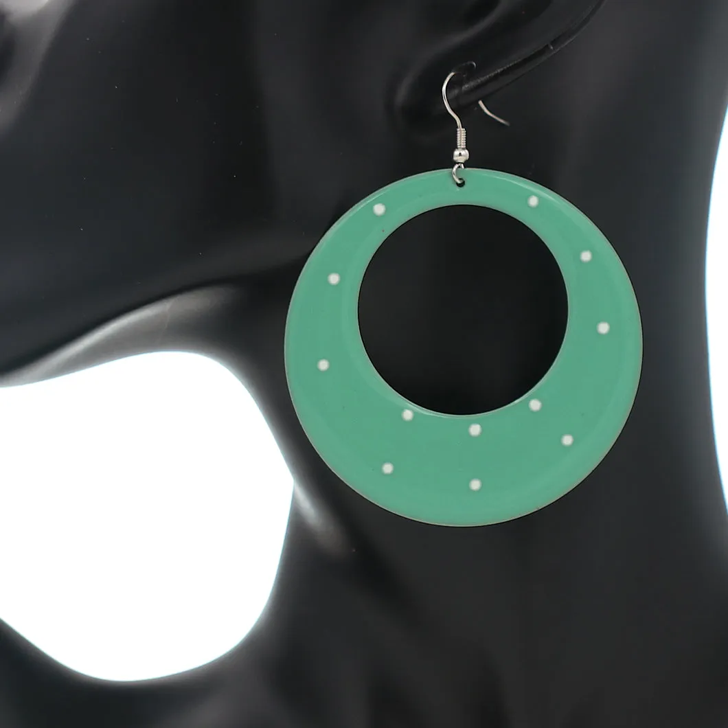 Mint White Round Polka Dot Dangle Earrings