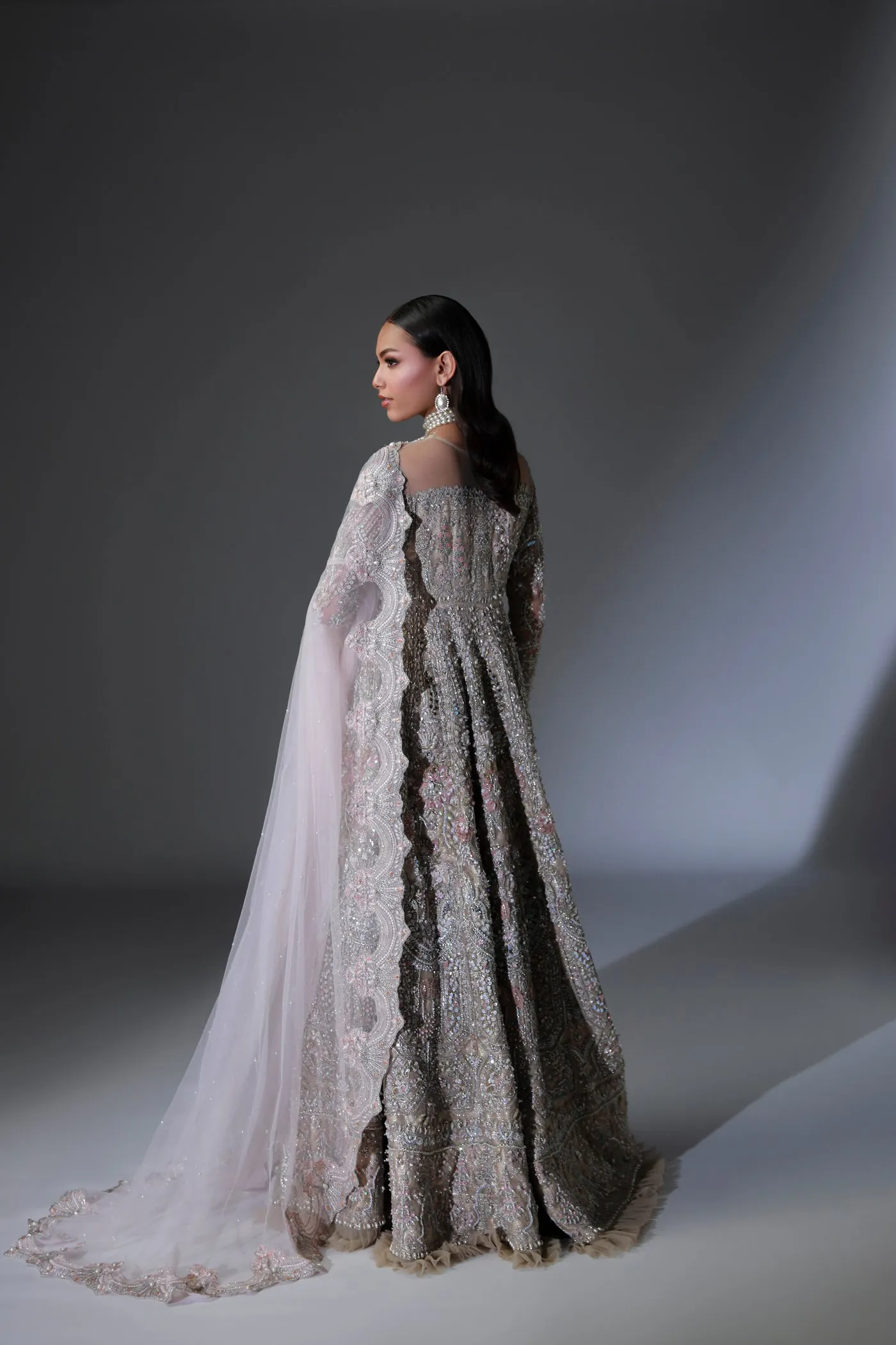 Net Pakistani Bridal Dress in Gown and Dupatta Style
