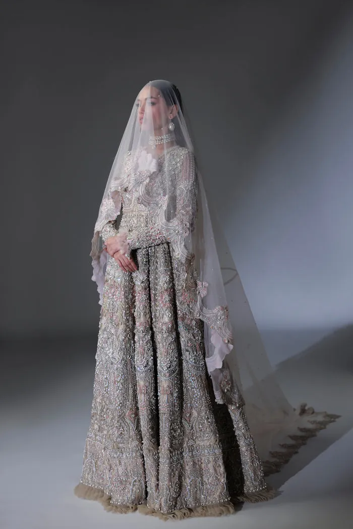 Net Pakistani Bridal Dress in Gown and Dupatta Style