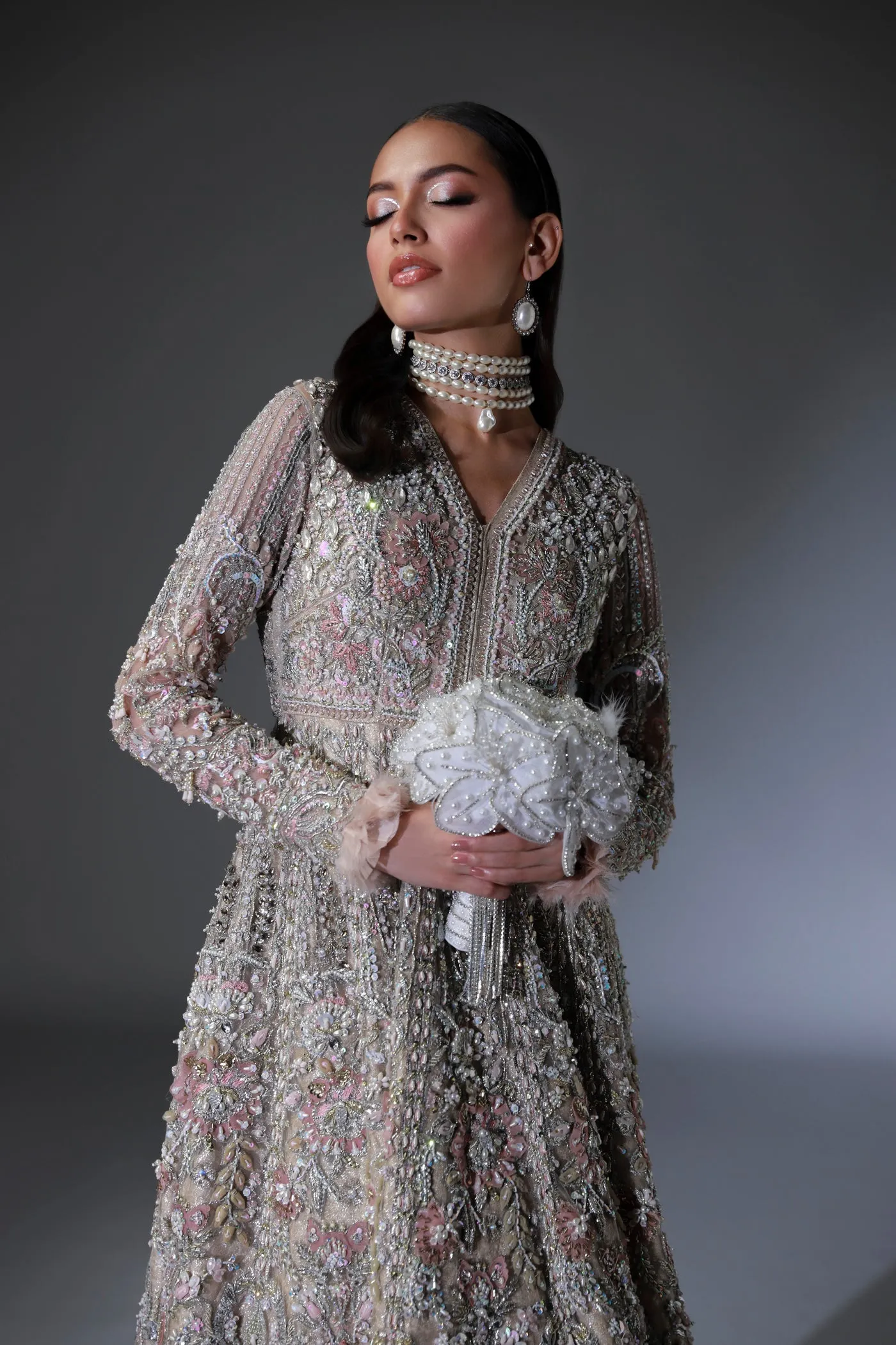 Net Pakistani Bridal Dress in Gown and Dupatta Style