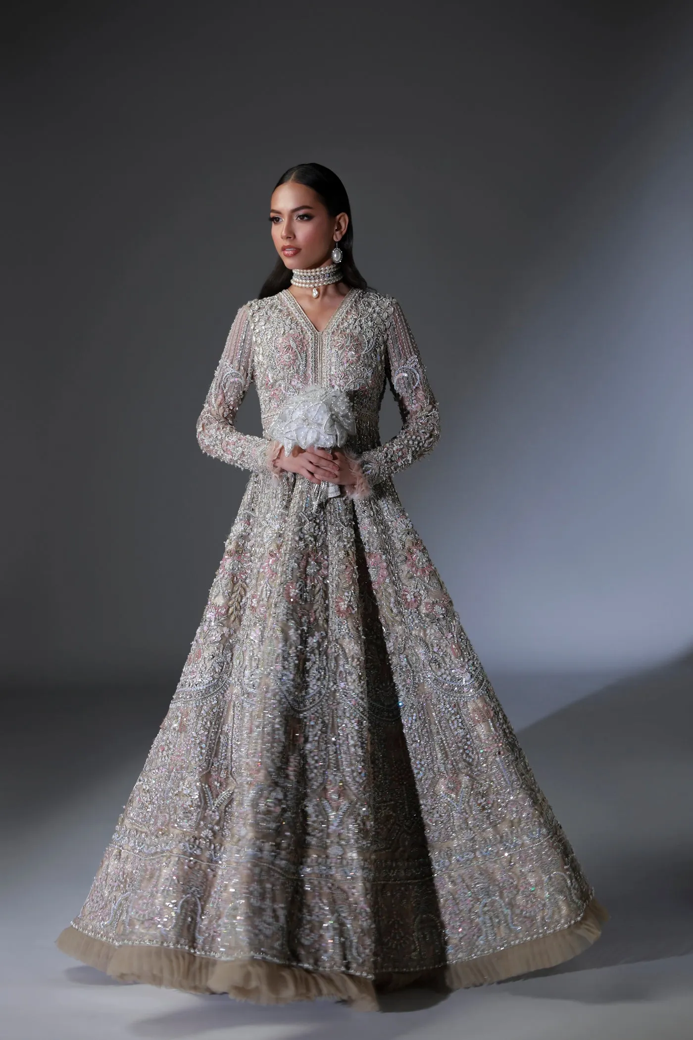 Net Pakistani Bridal Dress in Gown and Dupatta Style