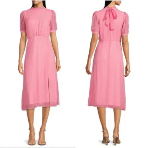New Julia Jordan Mock Neck Puff Sleeve Clip Dot Chiffon fit &amp; Flare Midi Dress