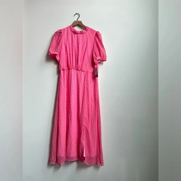New Julia Jordan Mock Neck Puff Sleeve Clip Dot Chiffon fit &amp; Flare Midi Dress
