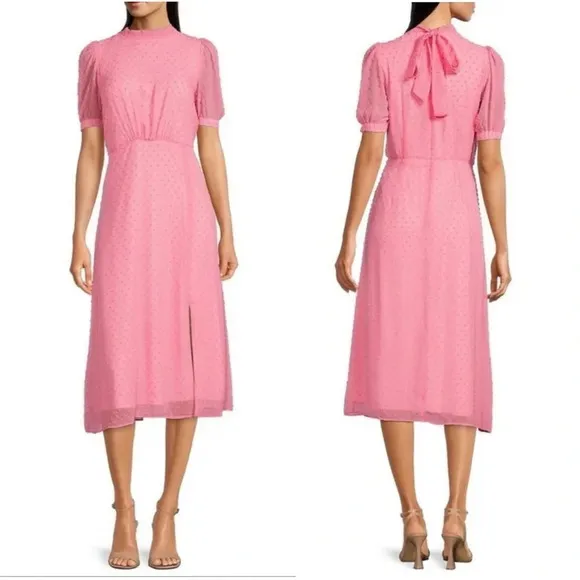 New Julia Jordan Mock Neck Puff Sleeve Clip Dot Chiffon fit &amp; Flare Midi Dress