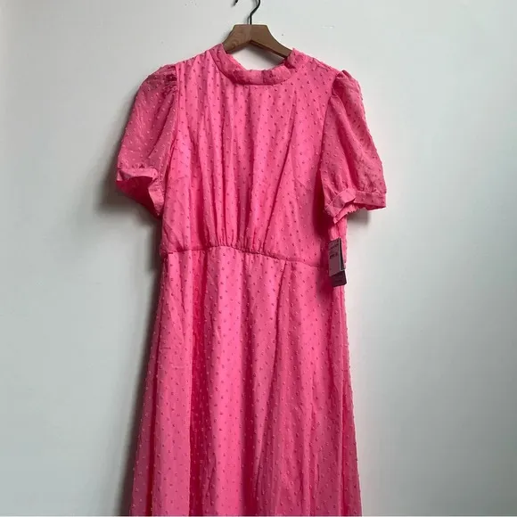 New Julia Jordan Mock Neck Puff Sleeve Clip Dot Chiffon fit &amp; Flare Midi Dress