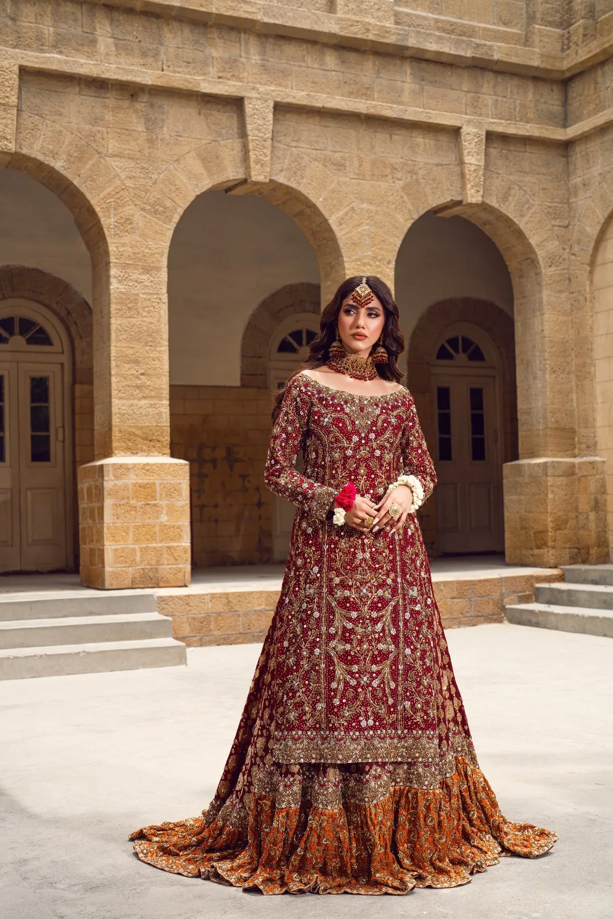 Pakistani Bridal Dress in Farshi Lehenga Kameez Style