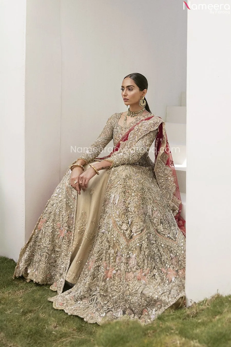 Pakistani Bridal Lehenga in Long Front Open Gown #BN990
