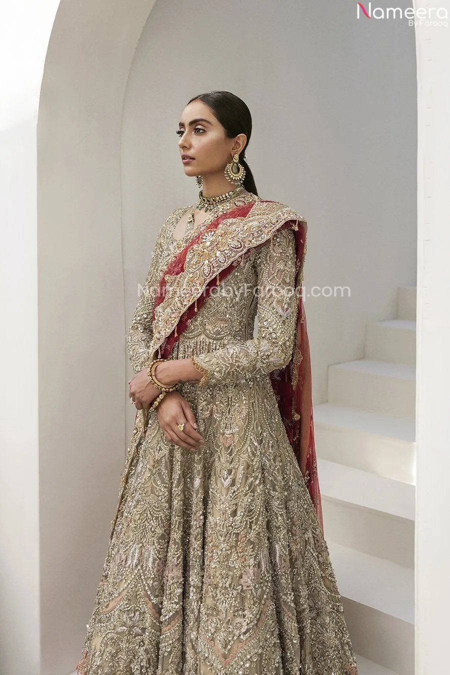 Pakistani Bridal Lehenga in Long Front Open Gown #BN990