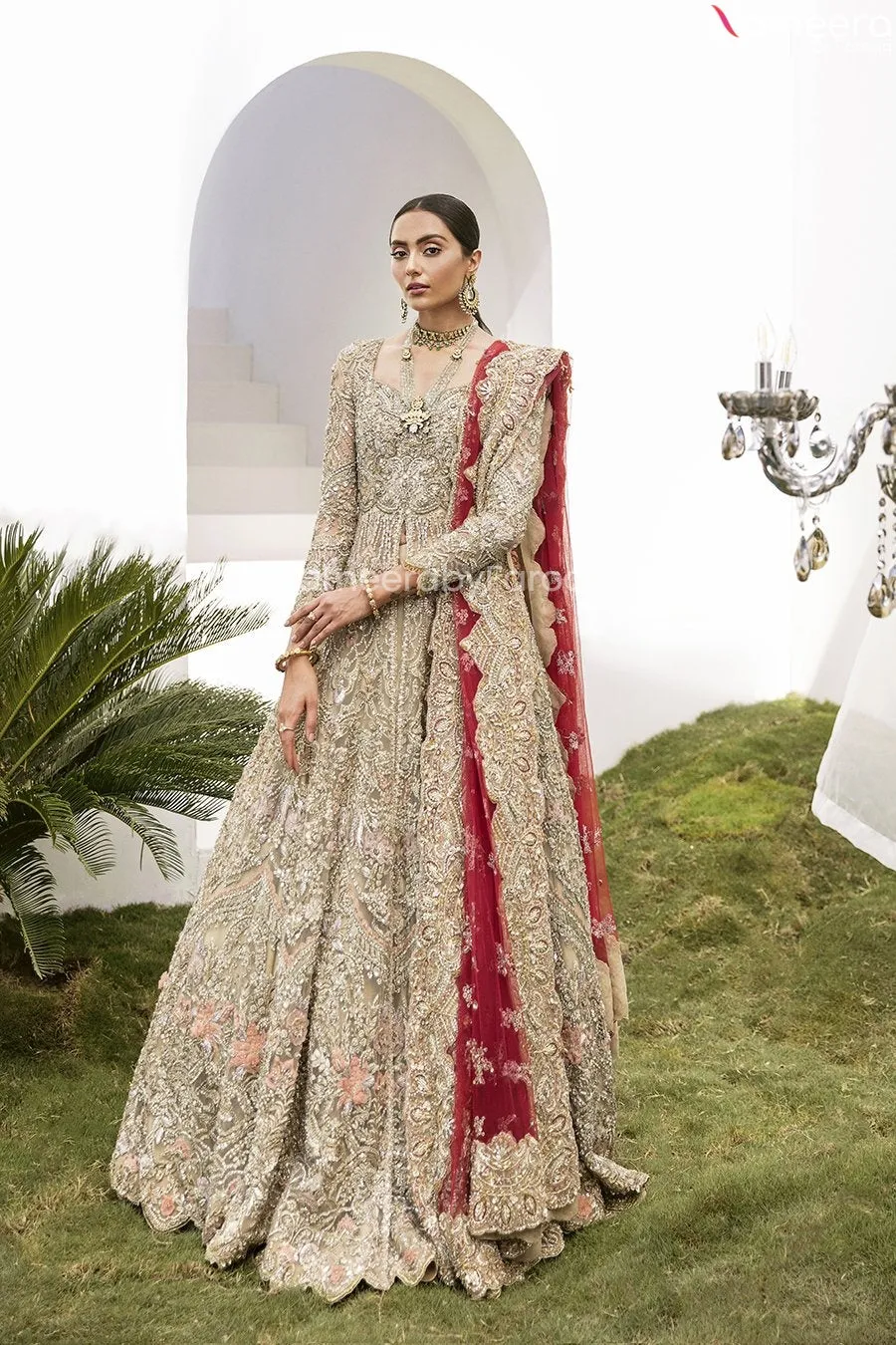 Pakistani Bridal Lehenga in Long Front Open Gown #BN990