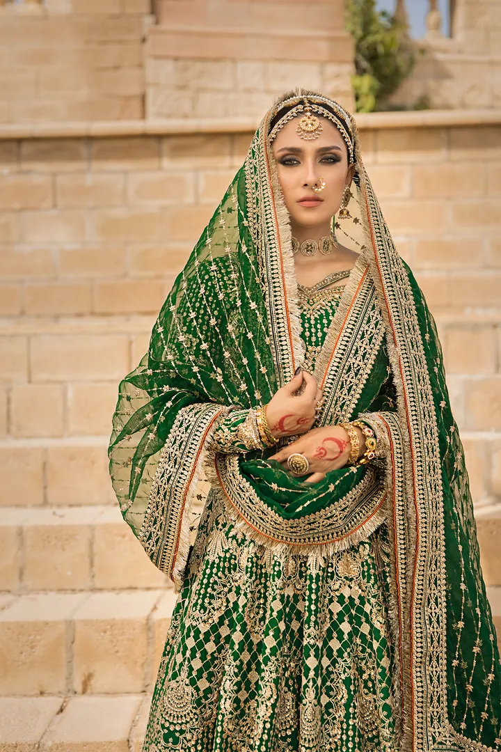 Pakistani Bridal Outfit in Green Lehenga Choli Style
