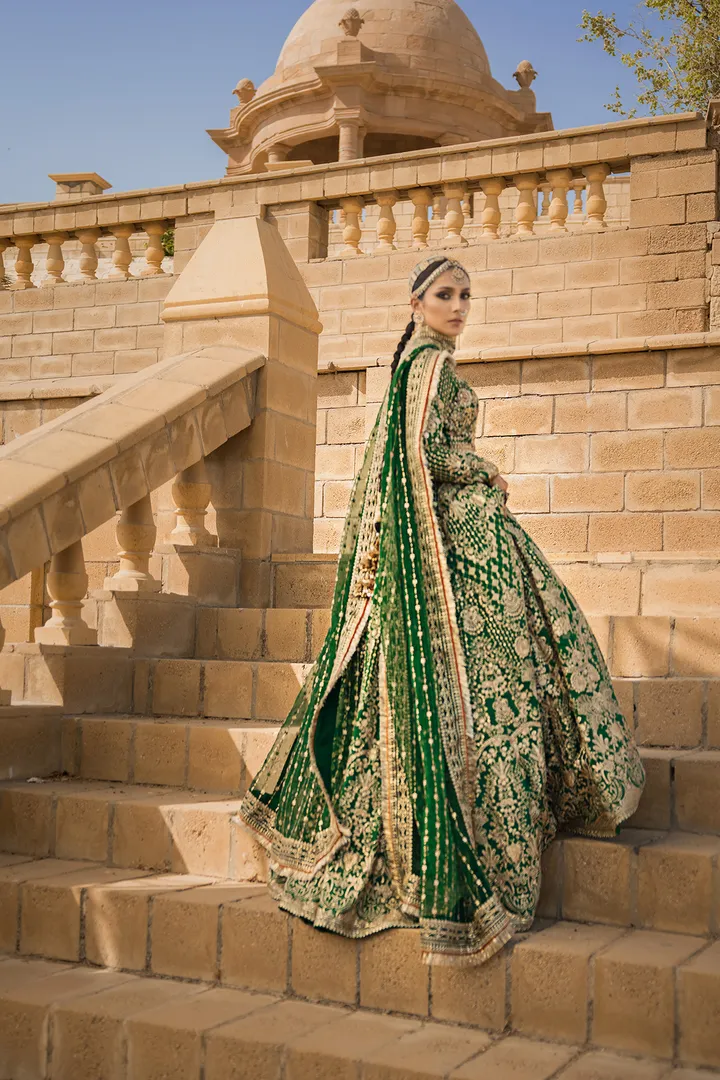 Pakistani Bridal Outfit in Green Lehenga Choli Style