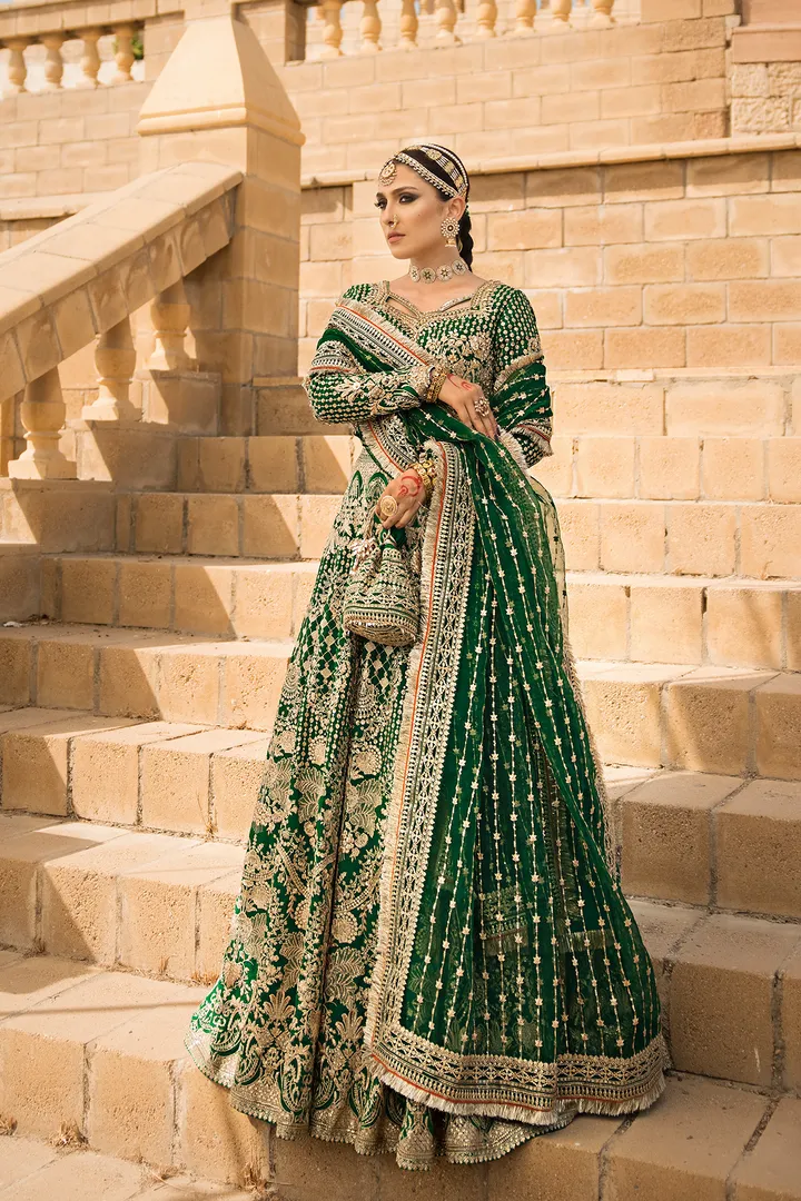 Pakistani Bridal Outfit in Green Lehenga Choli Style
