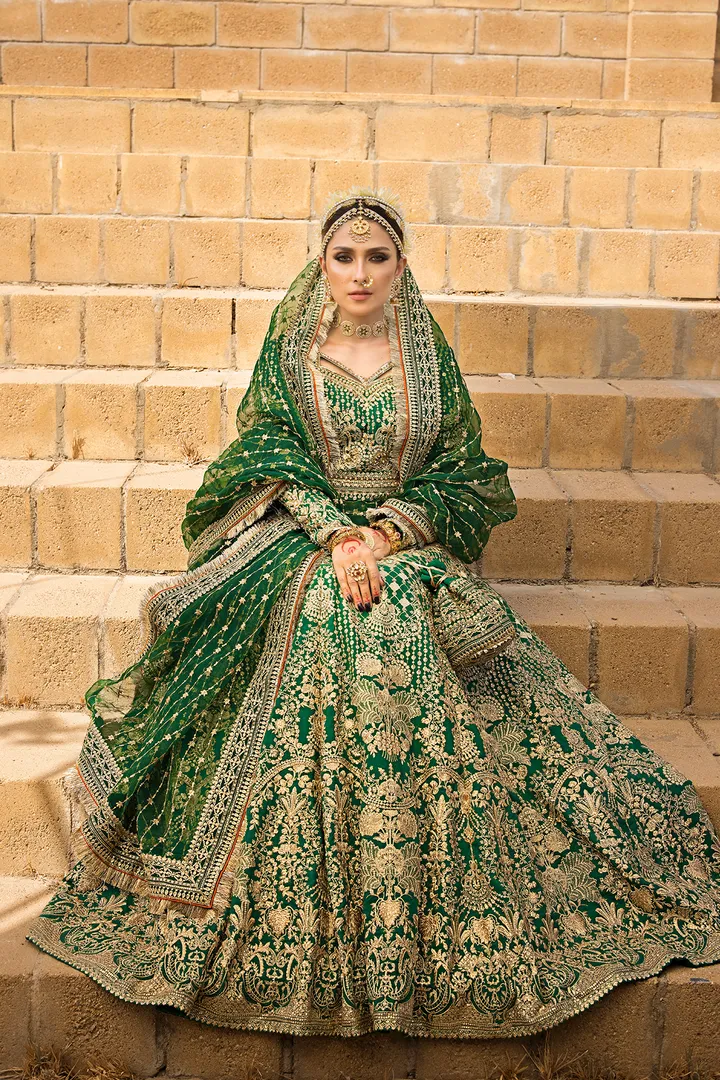 Pakistani Bridal Outfit in Green Lehenga Choli Style