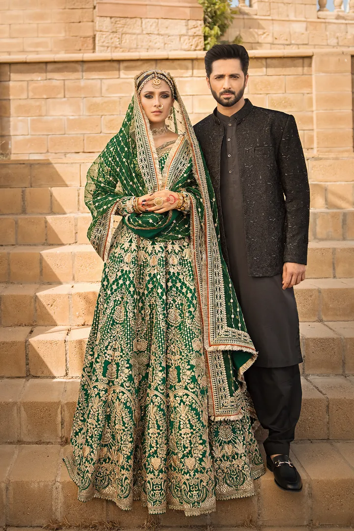 Pakistani Bridal Outfit in Green Lehenga Choli Style