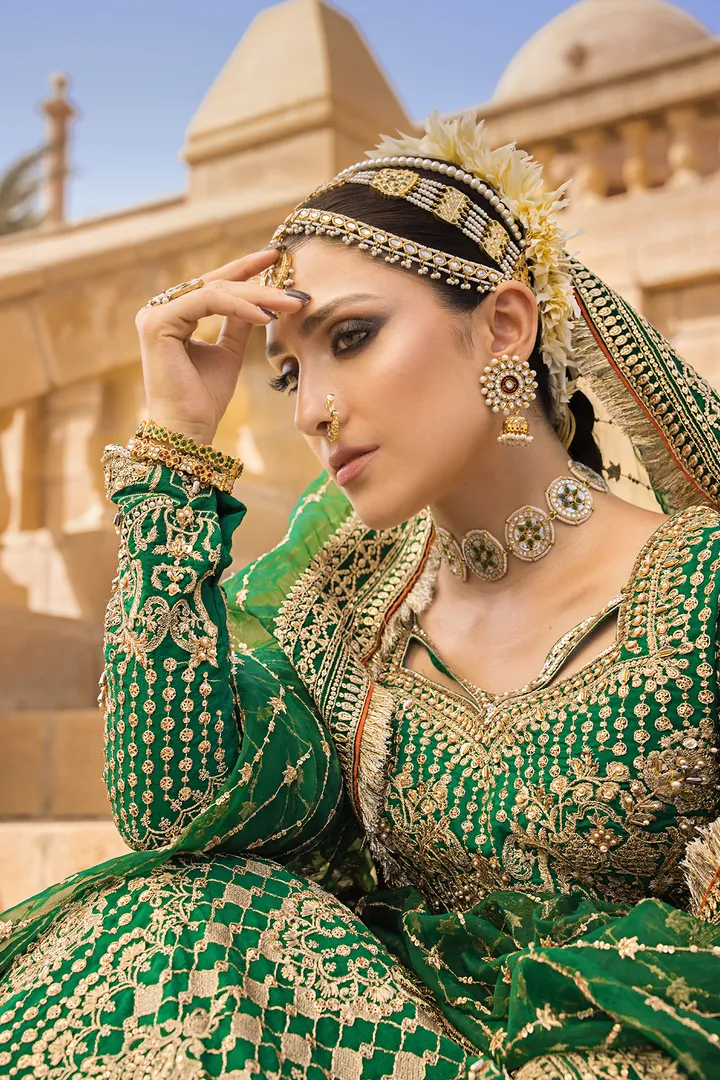 Pakistani Bridal Outfit in Green Lehenga Choli Style