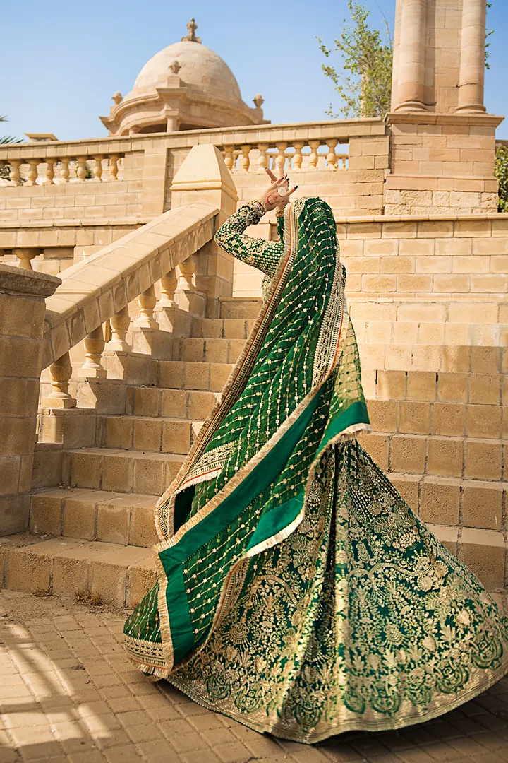 Pakistani Bridal Outfit in Green Lehenga Choli Style
