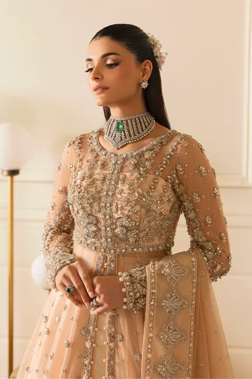 Pakistani Bridal Outfit in Peach Pishwas Lehenga Style