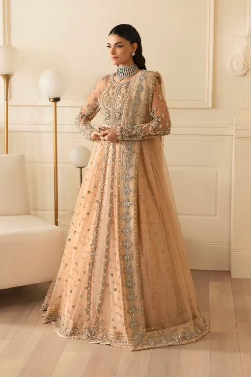 Pakistani Bridal Outfit in Peach Pishwas Lehenga Style