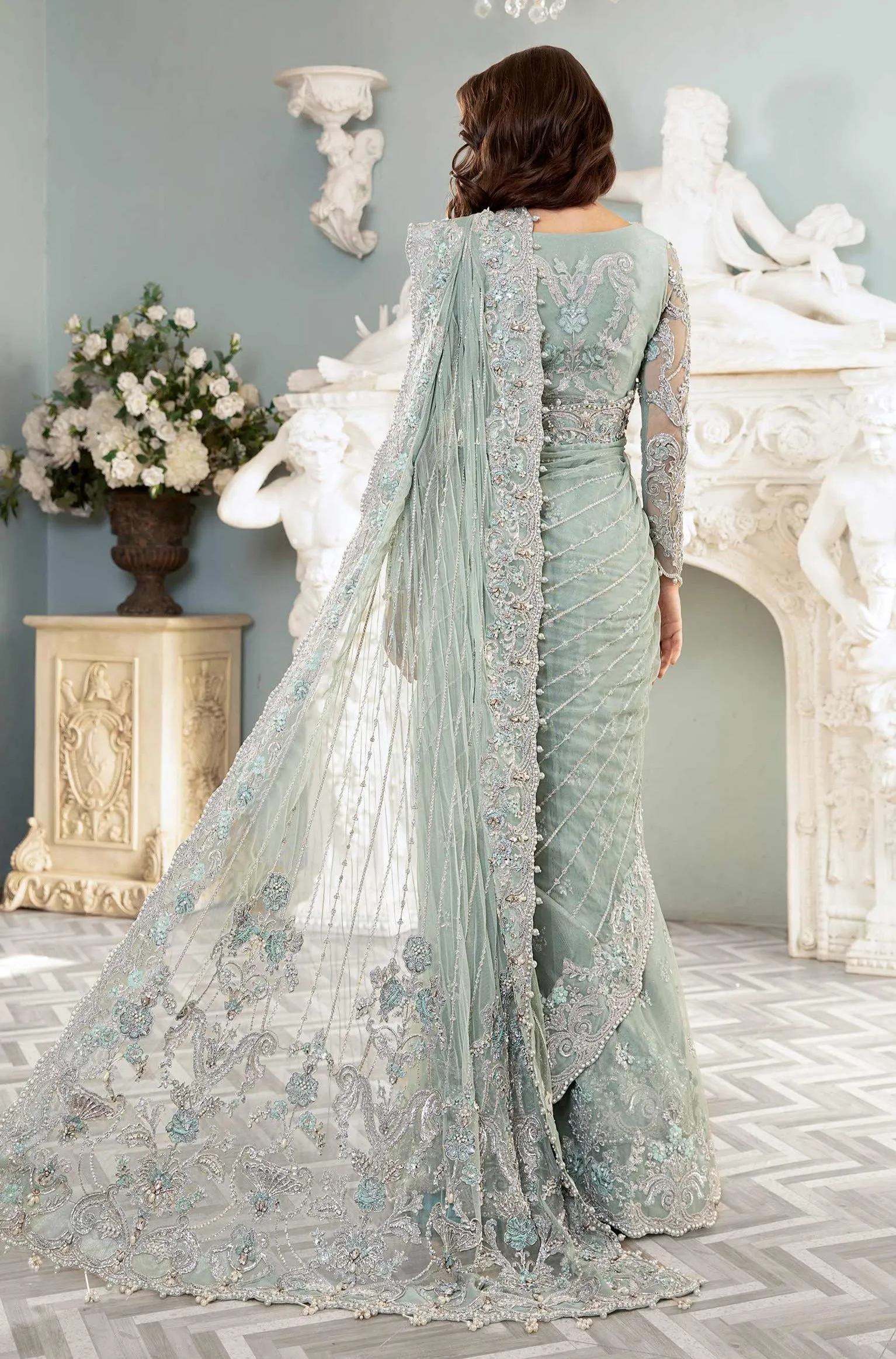 Pakistani Bridal Outfit in Premium Net Saree Style