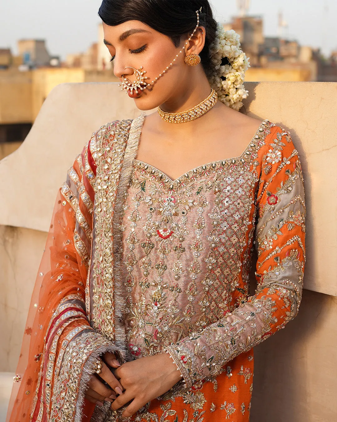 Pakistani Wedding Dress in Orange Kameez Gharara Style