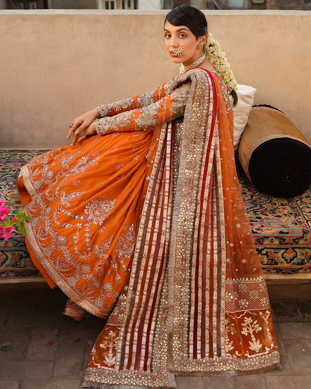 Pakistani Wedding Dress in Orange Kameez Gharara Style