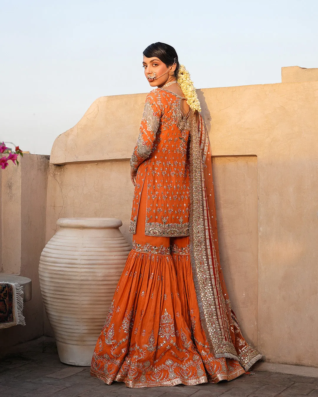 Pakistani Wedding Dress in Orange Kameez Gharara Style