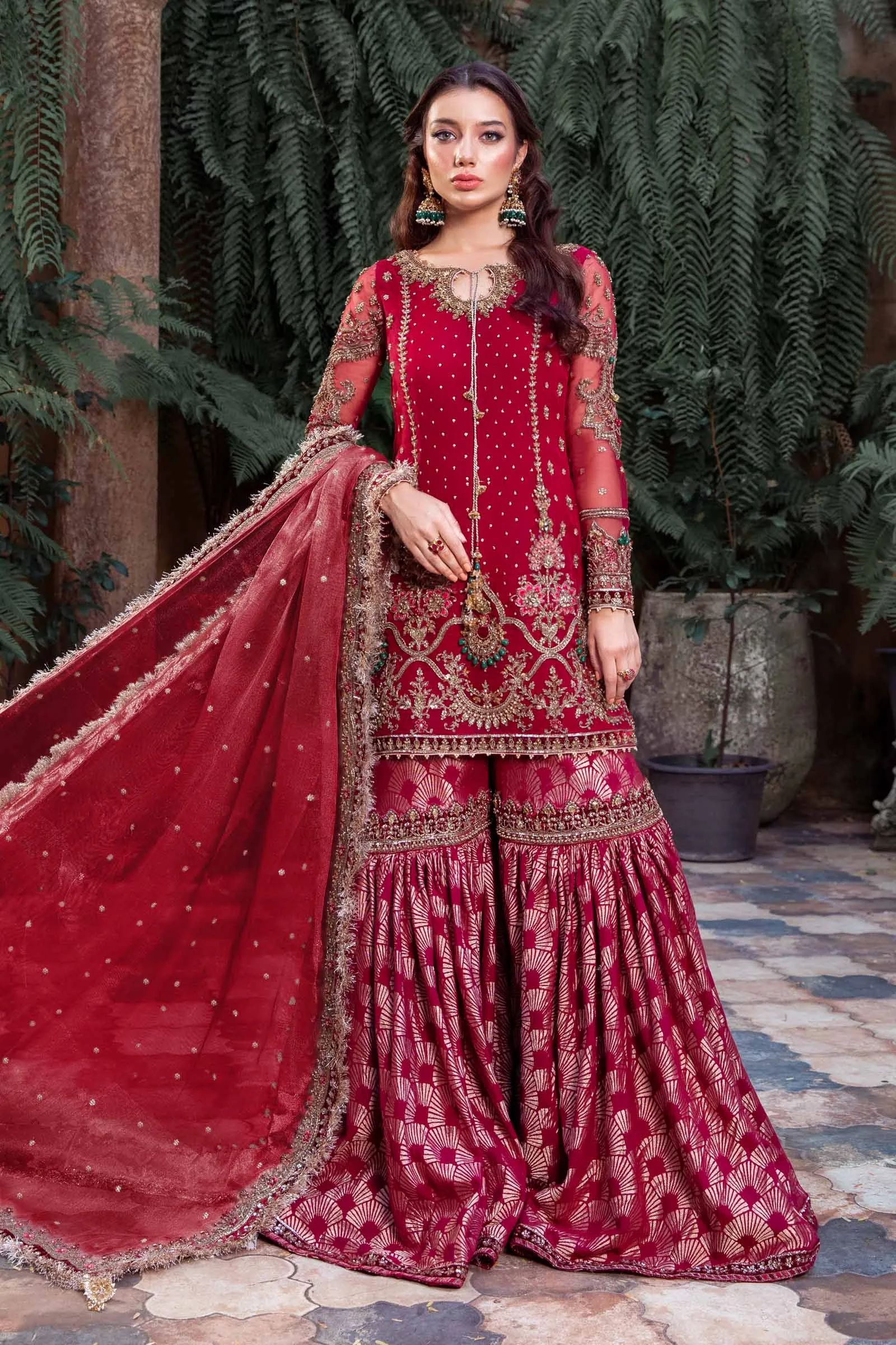 Pakistani Wedding Dress in Red Kameez and Gharara Style