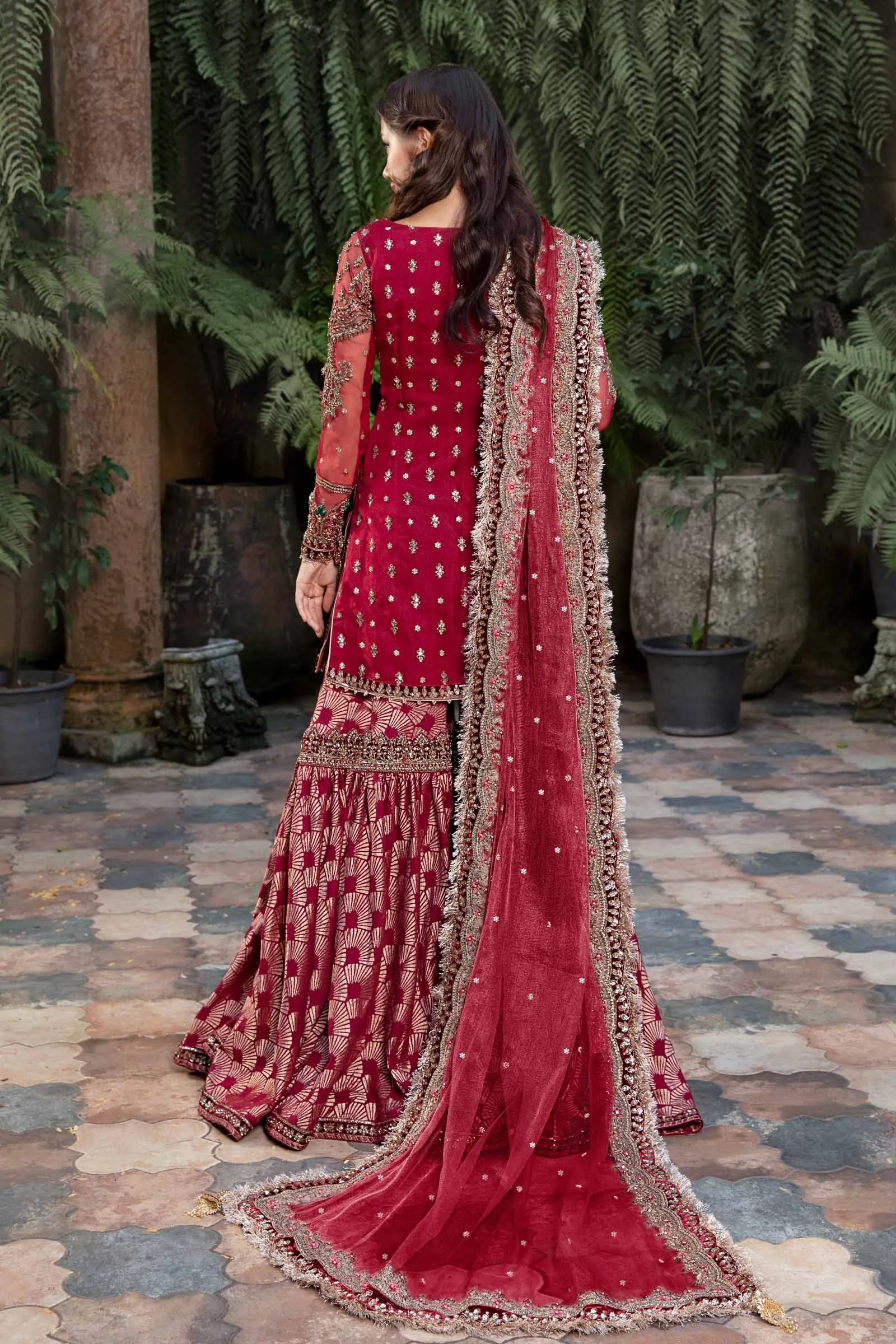 Pakistani Wedding Dress in Red Kameez and Gharara Style