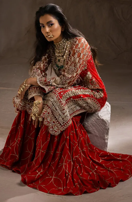 Pakistani Wedding Dress in Red Kameez Sharara Style