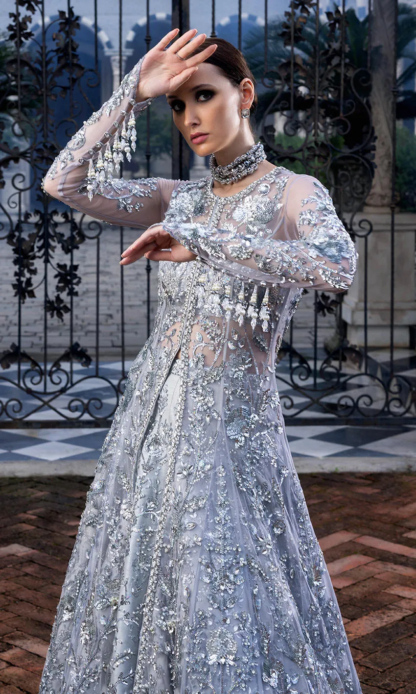 Pakistani Wedding Dress in Silver Lehenga Gown Style
