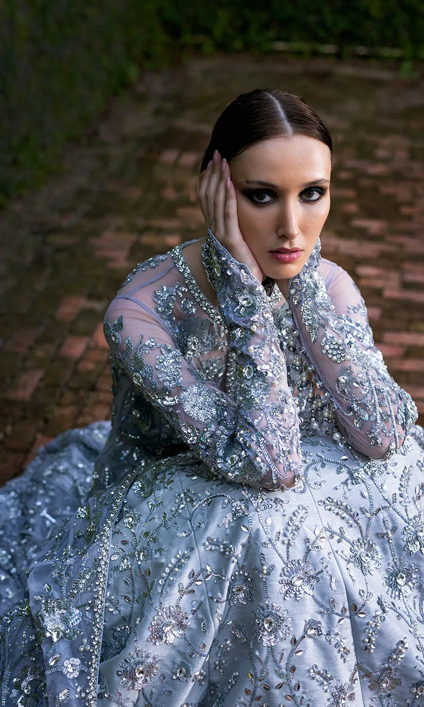 Pakistani Wedding Dress in Silver Lehenga Gown Style