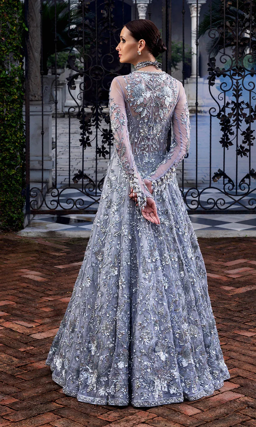 Pakistani Wedding Dress in Silver Lehenga Gown Style
