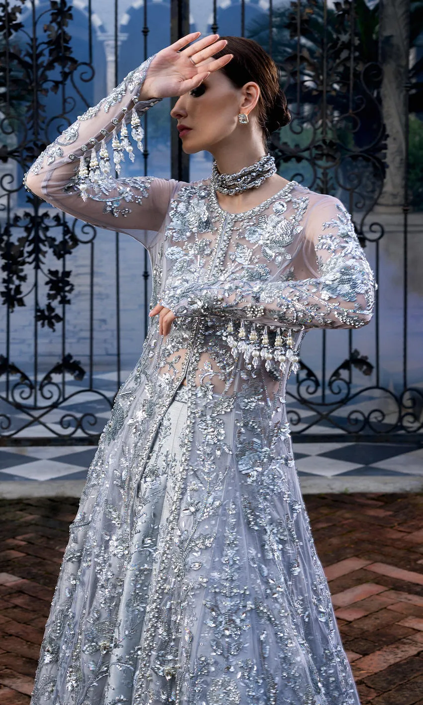 Pakistani Wedding Dress in Silver Lehenga Gown Style