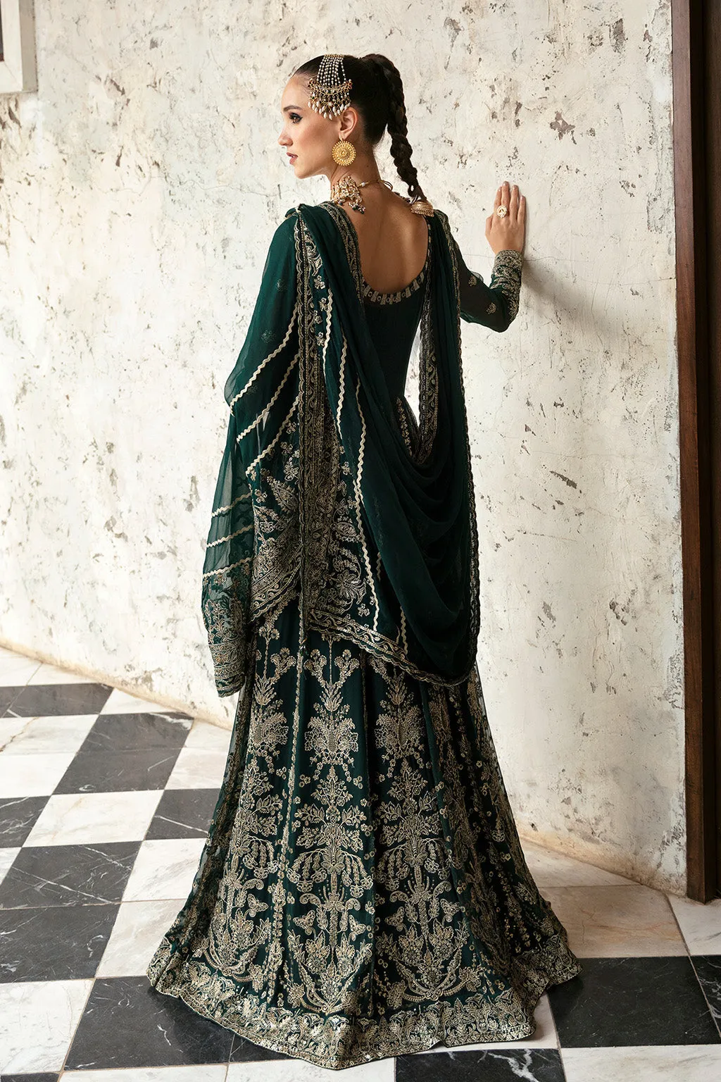 Pakistani Wedding Wear Bottle Green Heavily Embellished Pishwas Dress