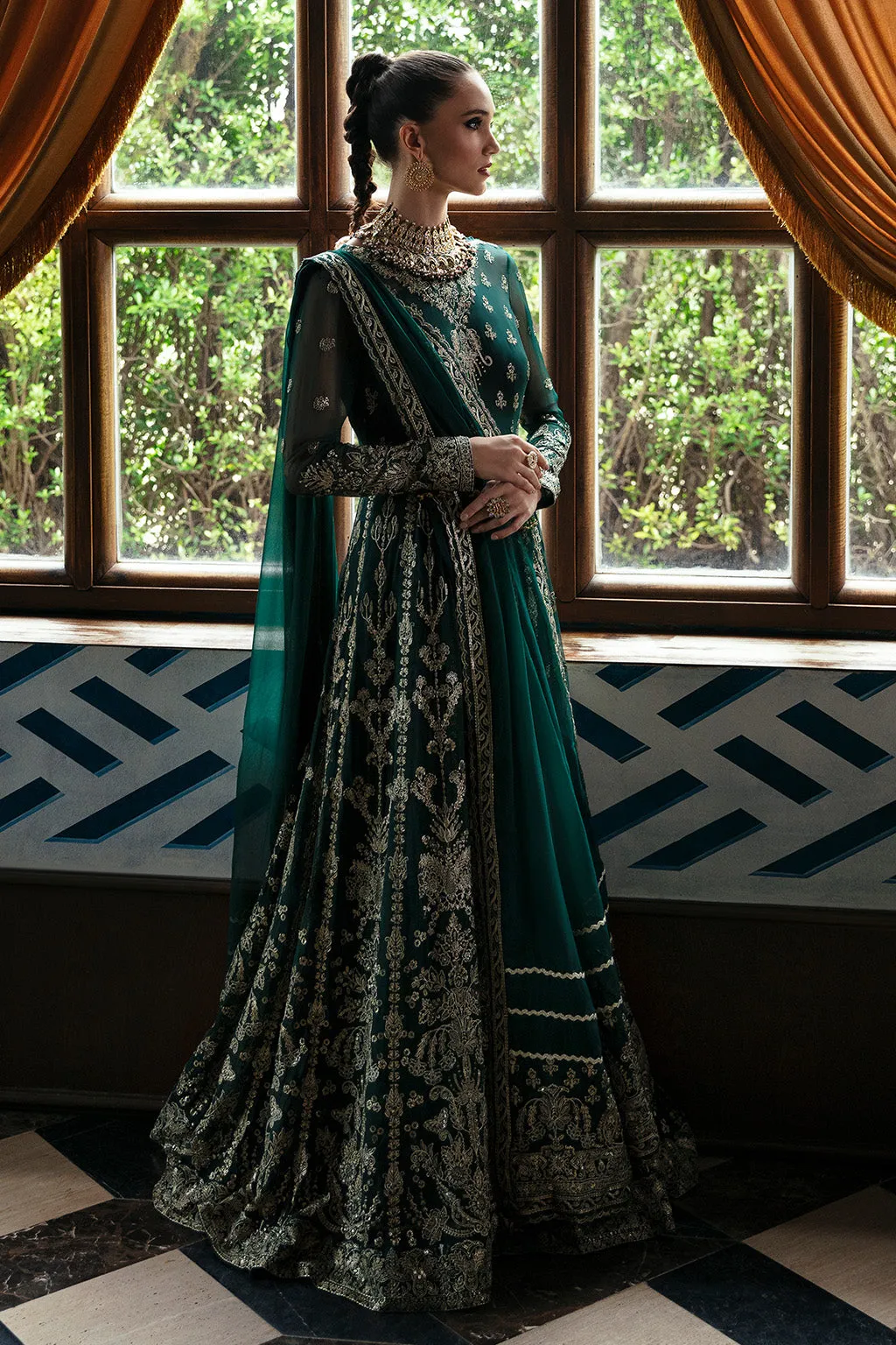 Pakistani Wedding Wear Bottle Green Heavily Embellished Pishwas Dress