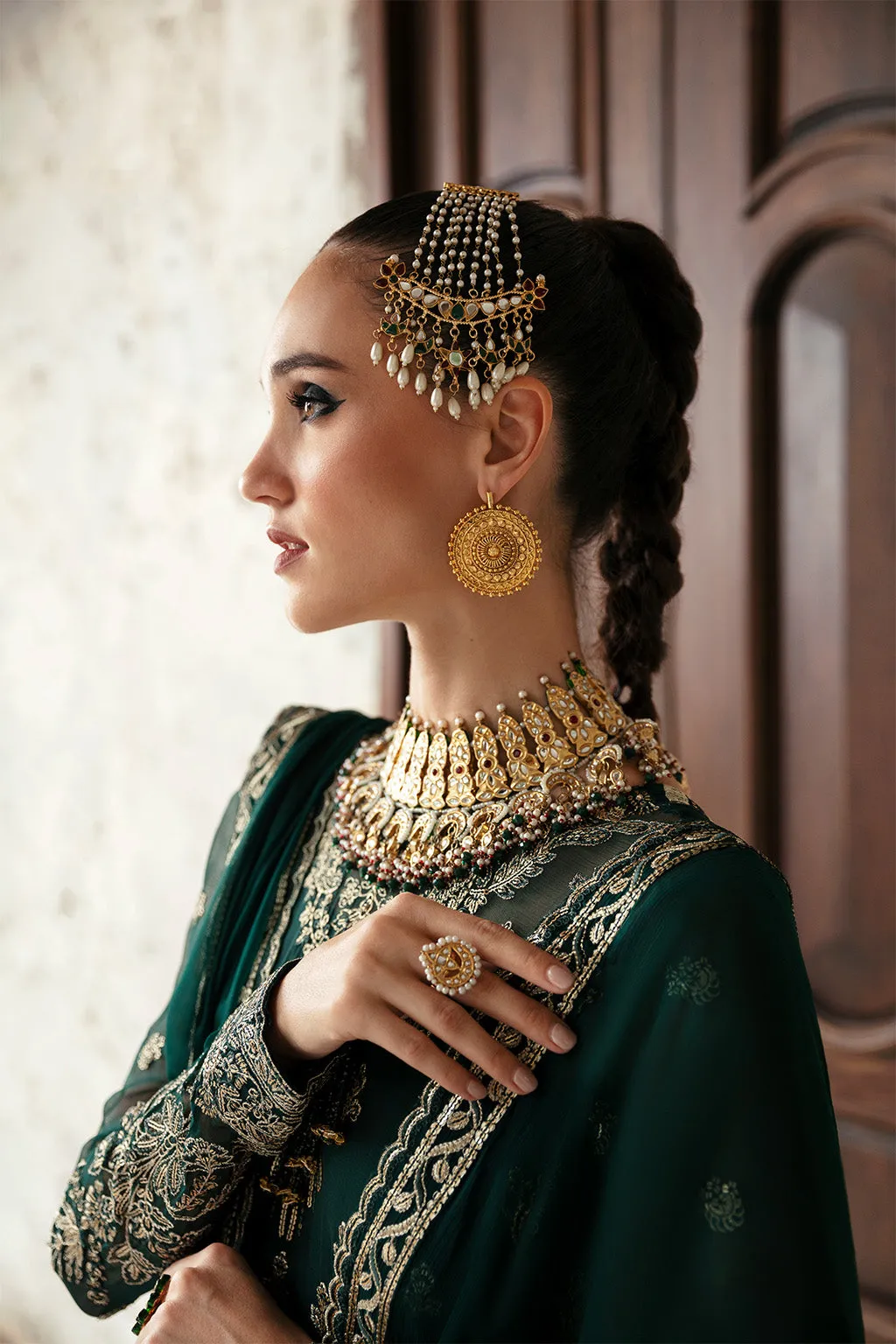 Pakistani Wedding Wear Bottle Green Heavily Embellished Pishwas Dress