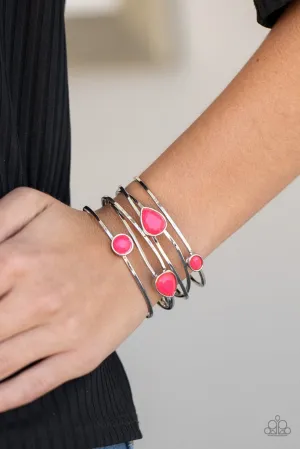 Paparazzi " Fashion Frenzy " Silver Metal Multi Shaped Faceted Pink Stone Cuff Bracelet