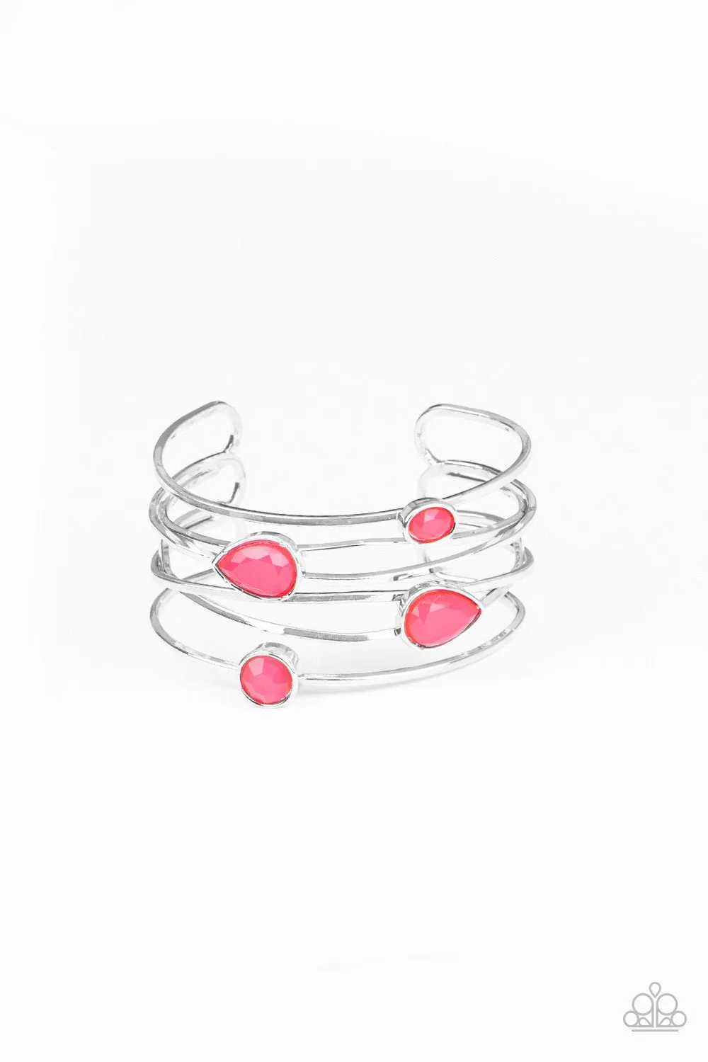 Paparazzi " Fashion Frenzy " Silver Metal Multi Shaped Faceted Pink Stone Cuff Bracelet