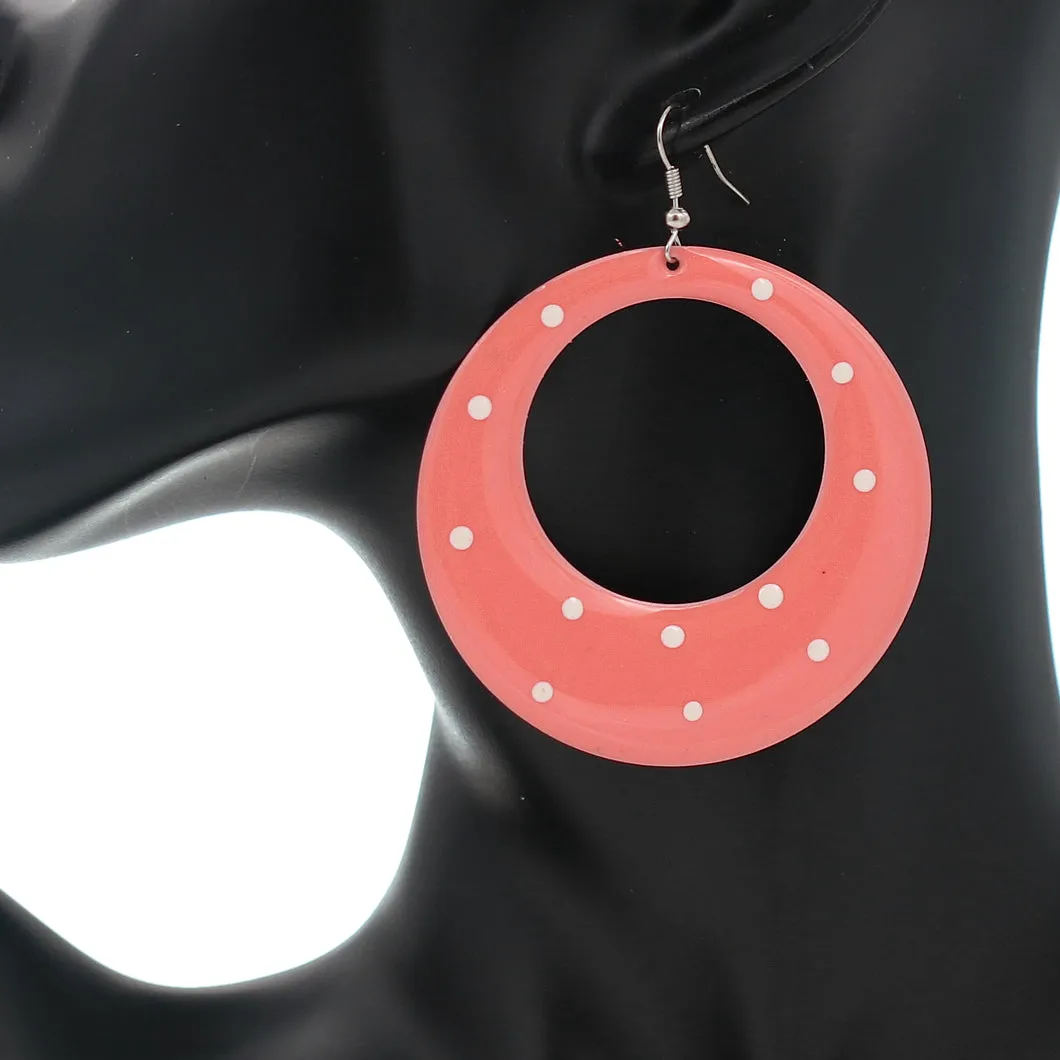 Peach White Round Polka Dot Dangle Earrings