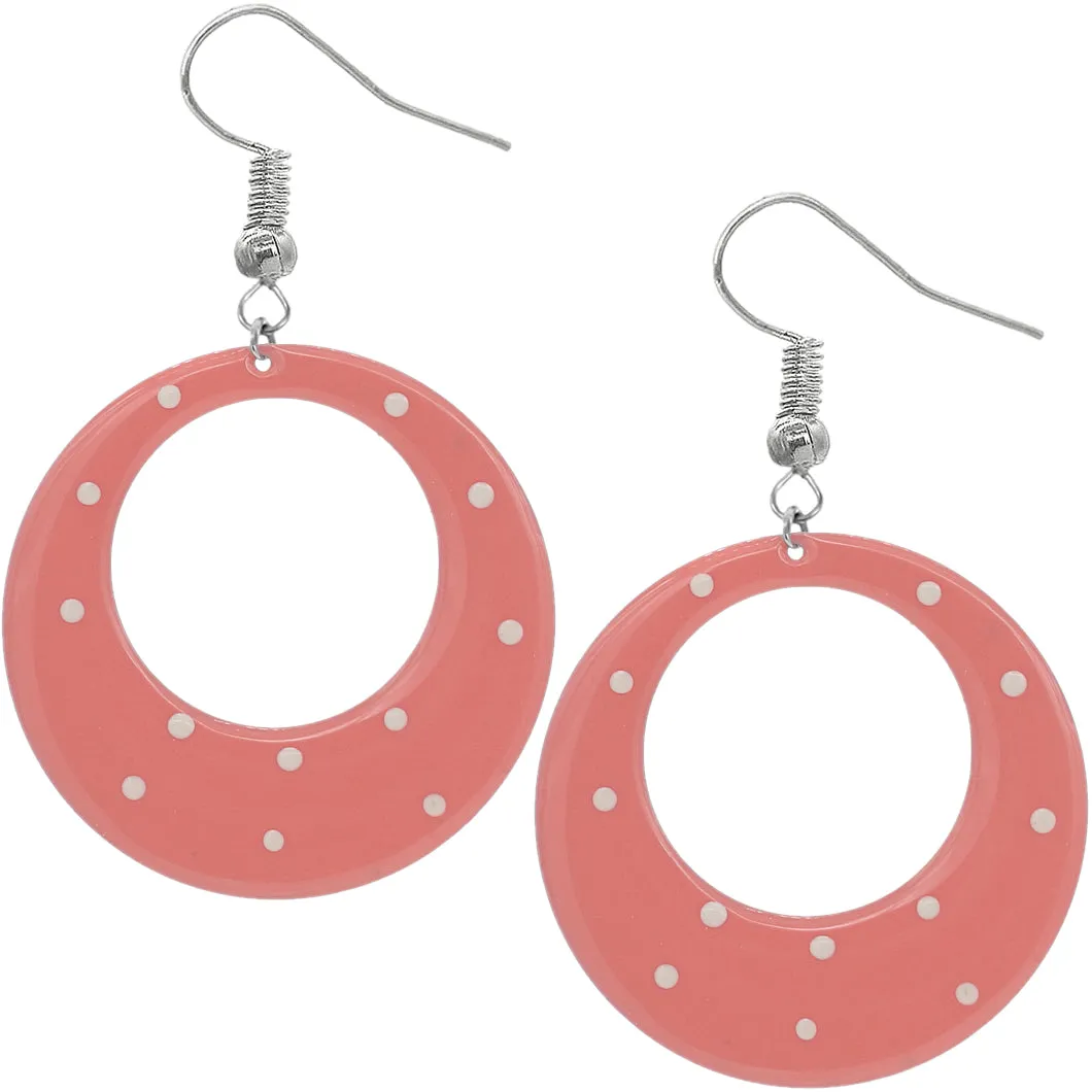 Peach White Round Polka Dot Dangle Earrings
