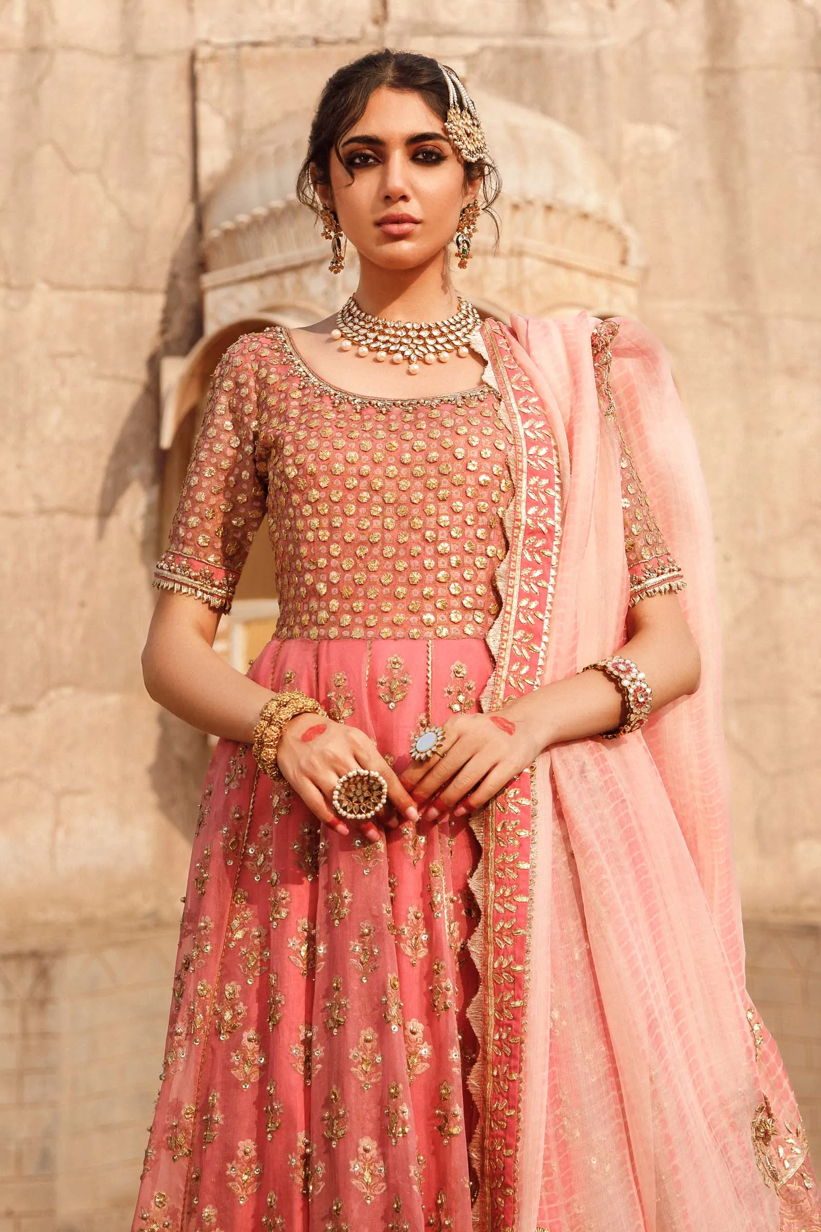Pink Pakistani Bridal Dress in Pishwas Frock Style