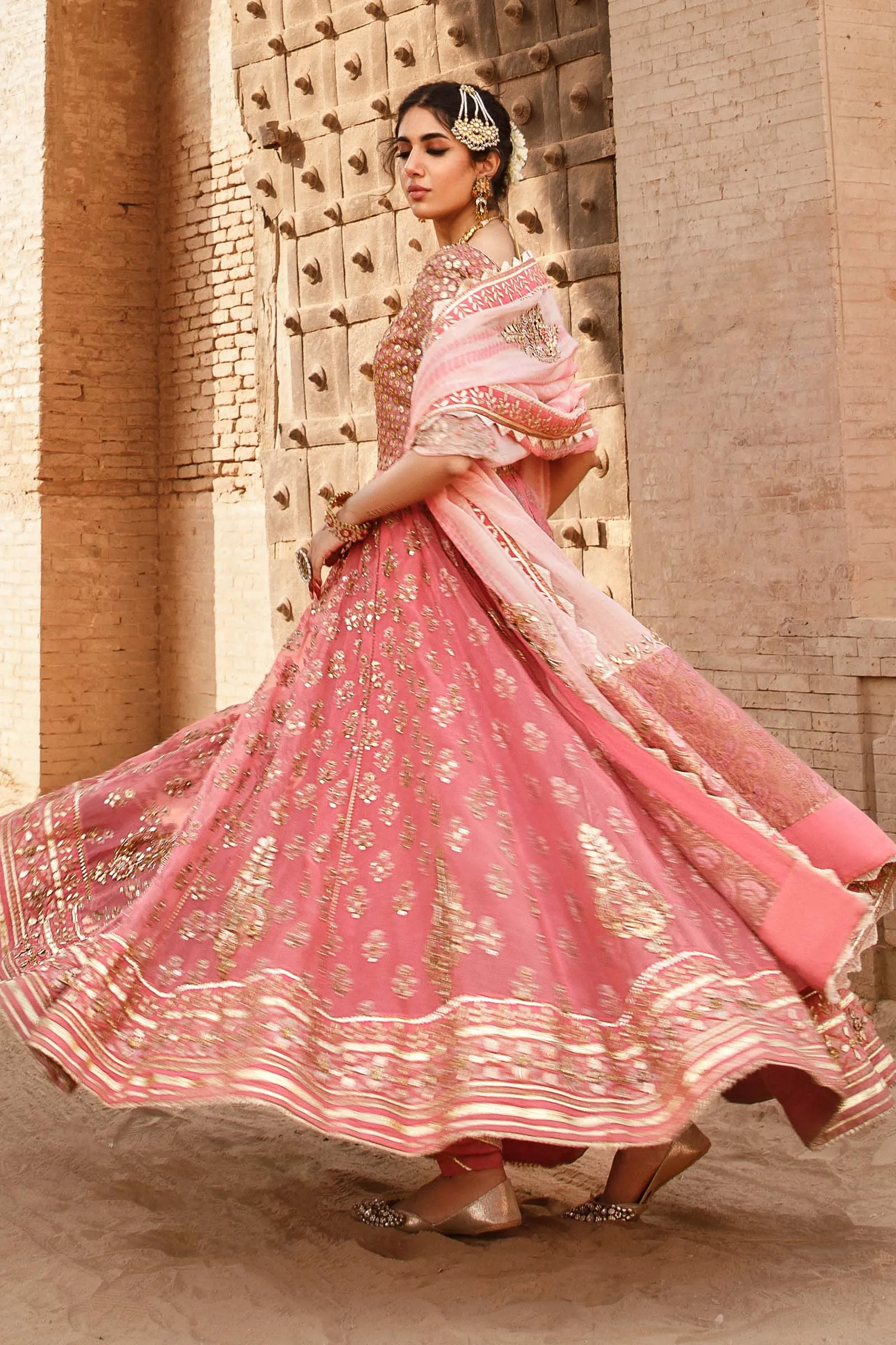 Pink Pakistani Bridal Dress in Pishwas Frock Style